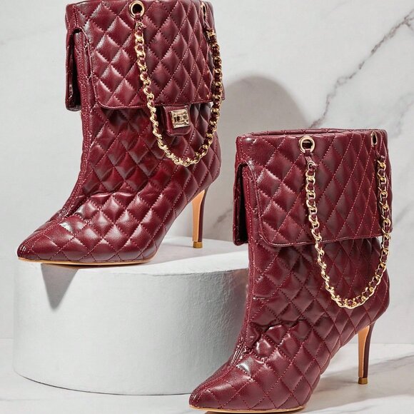 Burgundy Elegant Women's Glamorous Stiletto Quilted Booties boot winter fall - Picture 2 of 7